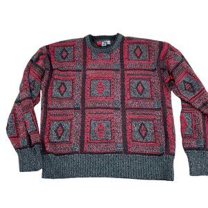 Todays News Sweater Men Large 42 Red‎ Gray Black Diamond Acrylic 80s 90s VTG